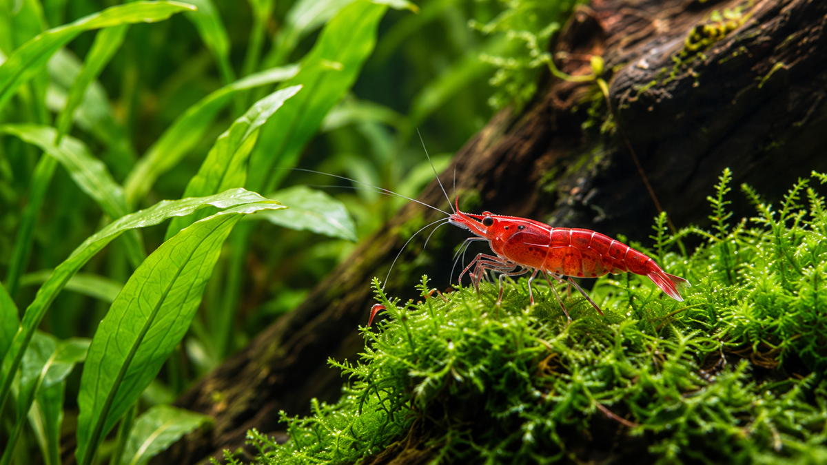 Rote Zwerggarnele auf grünem Aquarienmoos – Startseitenmotiv