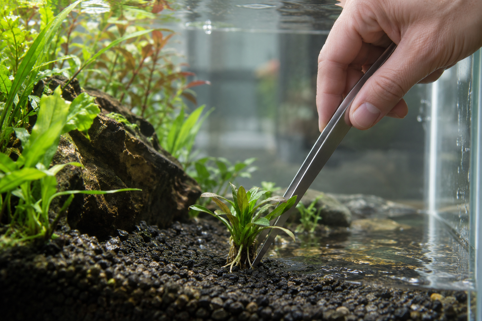 Eine kleine Aquarienpflanze wird mit einer Pinzette in den Bodengrund eingesetzt