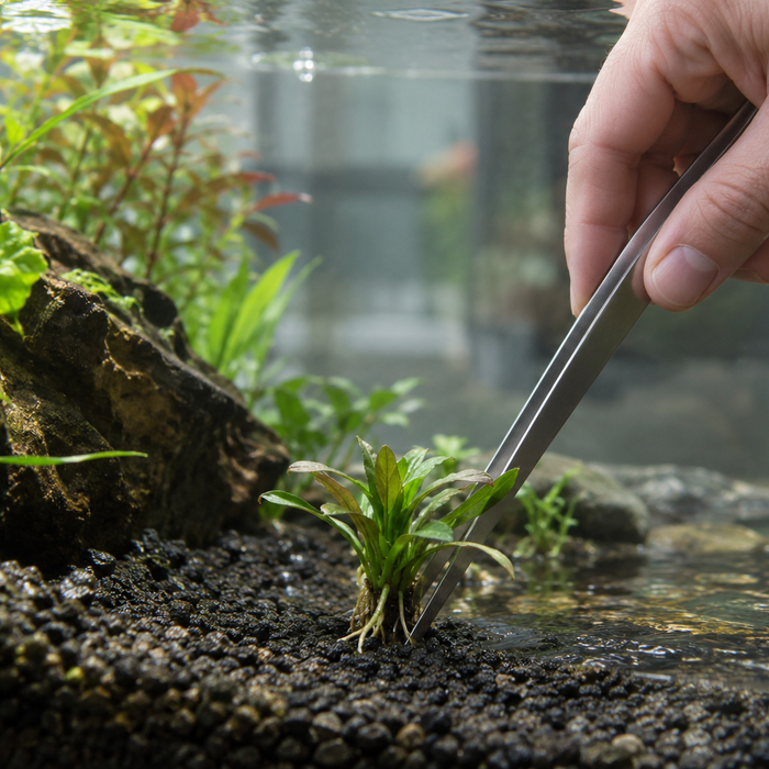 Eine kleine Aquarienpflanze wird mit einer Pinzette in den Bodengrund eingesetzt