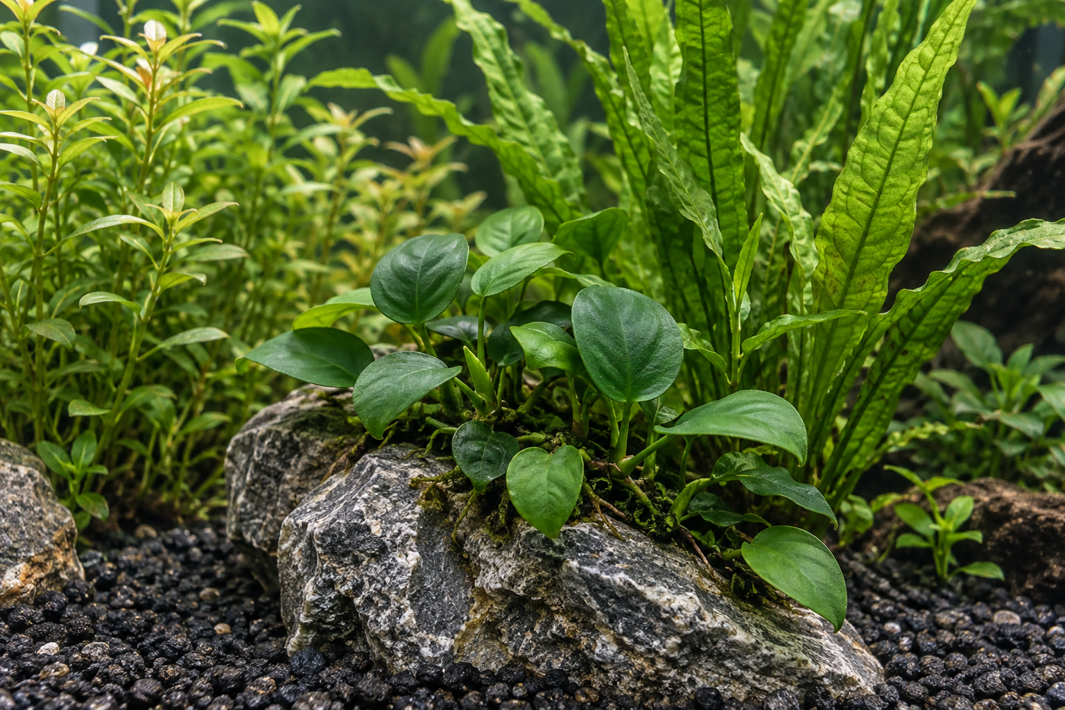 Unterschiedliche grüne Blattformen von Aquarienpflanzen zwischen Steinen