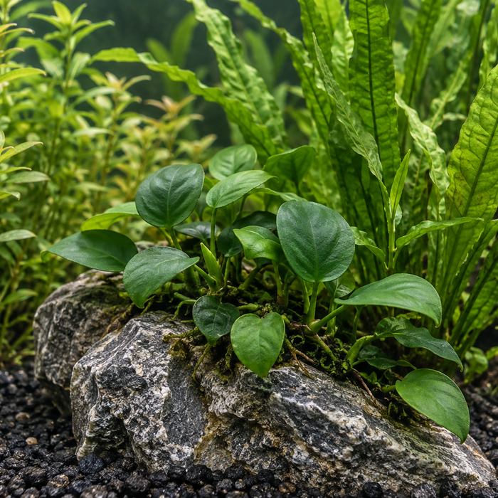 Unterschiedliche grüne Blattformen von Aquarienpflanzen zwischen Steinen