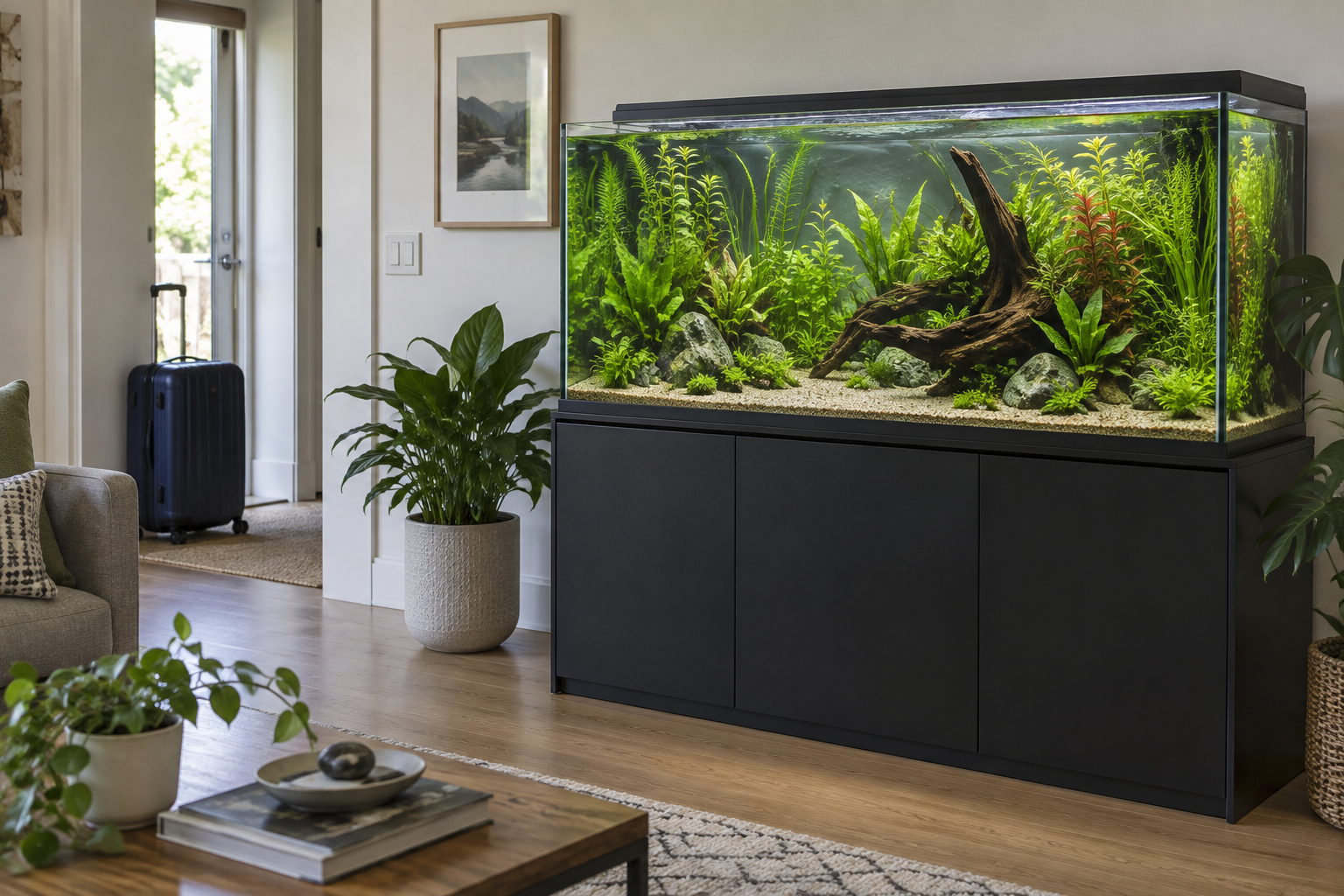 Bepflanztes Wohnzimmeraquarium mit Reisekoffer im Hintergrund