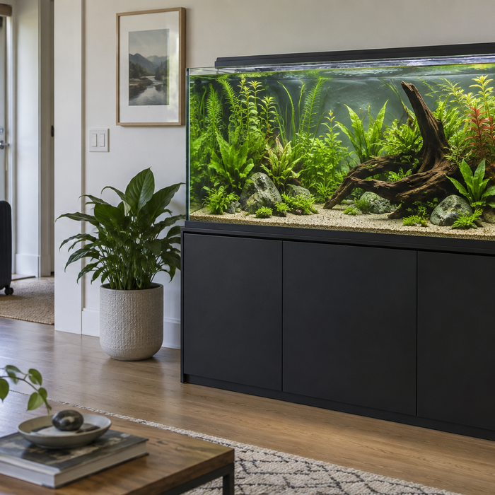 Bepflanztes Wohnzimmeraquarium mit Reisekoffer im Hintergrund