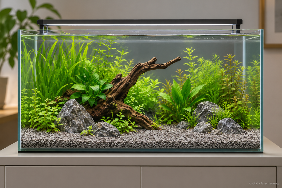 KI-generierte Anschauung: dekoriertes Aquarium mit grauem Kies, ohne Tiere. Einrichtung nicht im Lieferumfang.