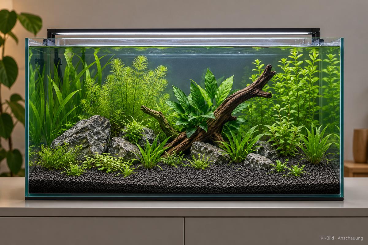 KI-generierte Anschauung: dekoriertes Aquarium mit schwarzem Kies, ohne Tiere. Einrichtung nicht im Lieferumfang.